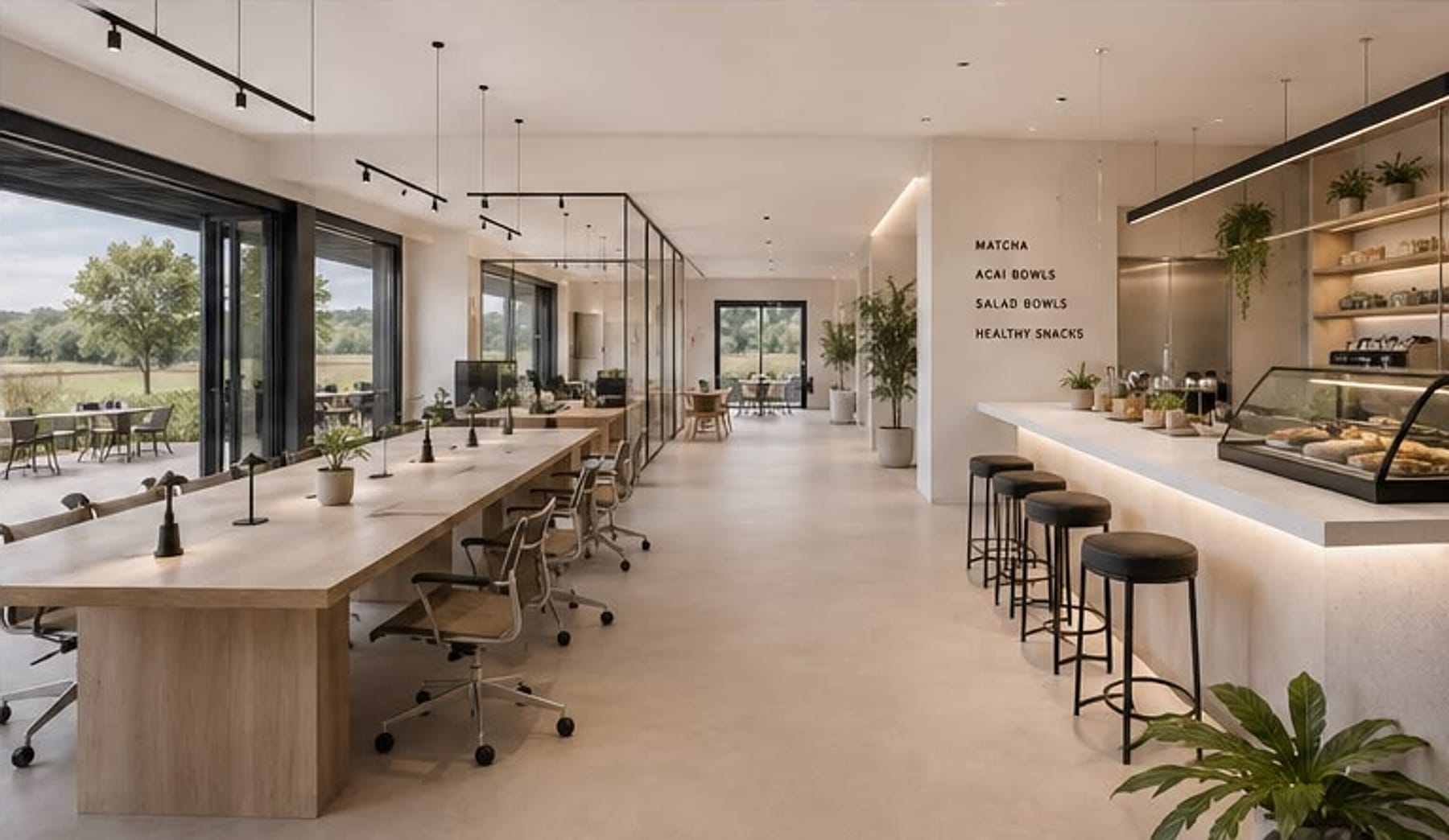 The main coworking floor: a long oak shared desk running the length of full-height windows that look out over fields, with task chairs, a glass-walled meeting room behind it, and the cafe counter and bar stools along the far wall.