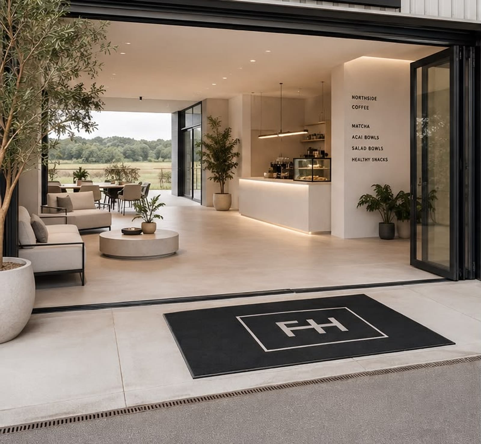 The Field House entrance with its full-width doors folded open: a stone-floored lobby, pale linen sofas, a lit cafe counter, and beyond them a glazed wall onto open Northumberland countryside. A charcoal mat carrying the FH monogram lies across the threshold.