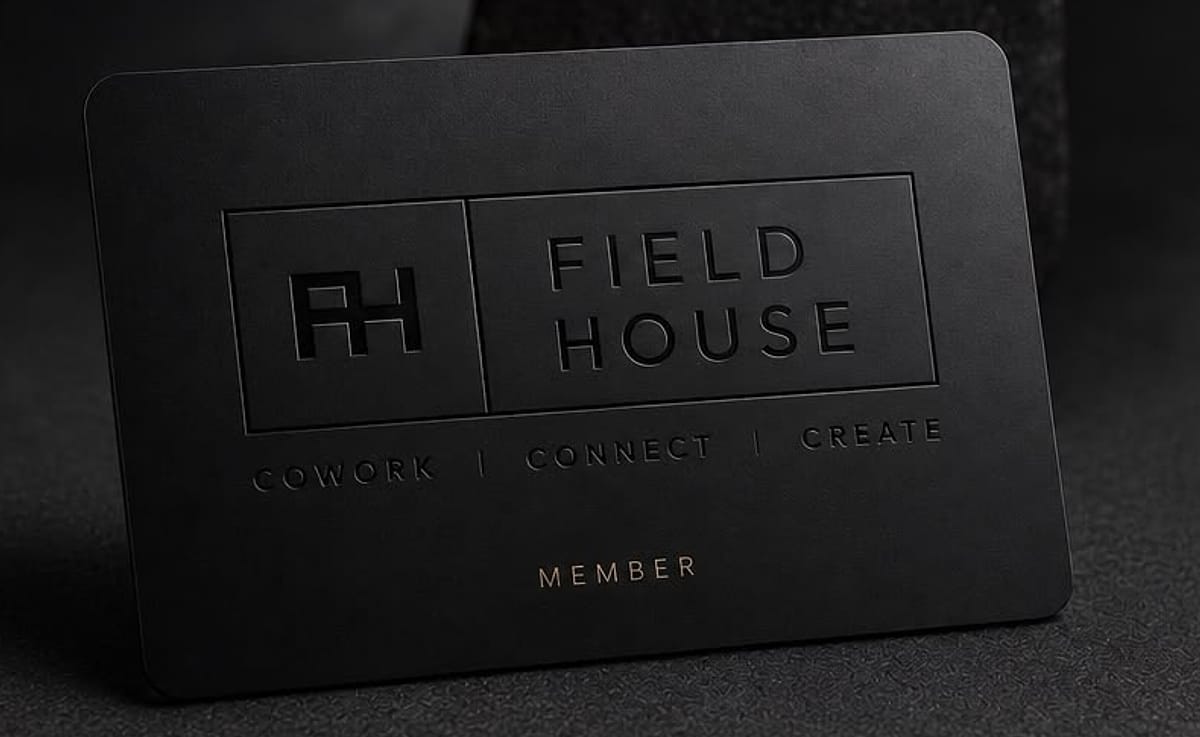 The Field House membership card: a matte black card with the boxed FH monogram and wordmark debossed into it, the line Cowork, Connect, Create beneath, and the word Member picked out in warm bronze.