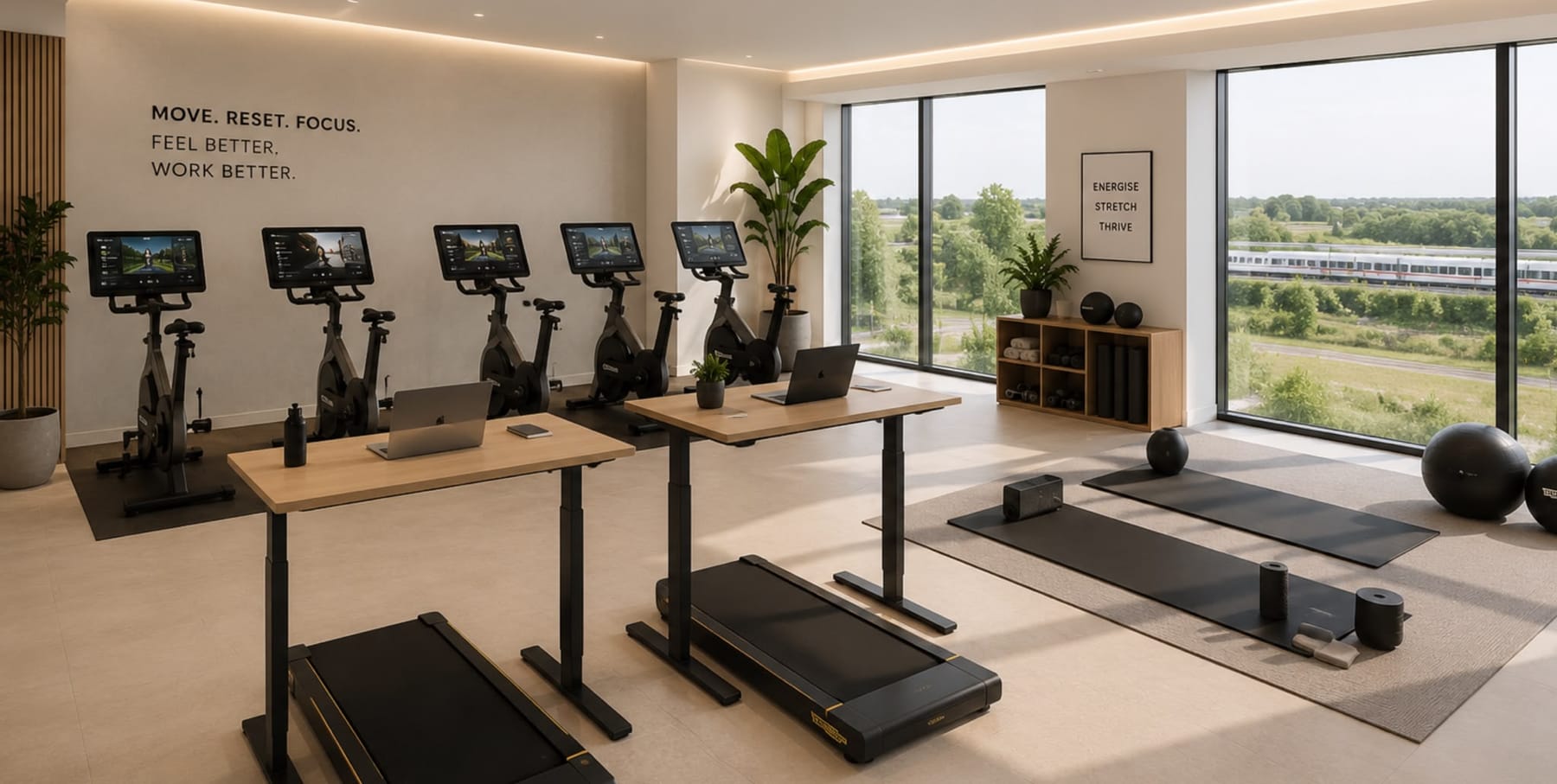 The mezzanine wellness area: a row of screen-fronted exercise bikes against a pale wall, two sit-stand desks, treadmills, and yoga mats and rollers laid out on a rug beside a corner of full-height glass looking over countryside.